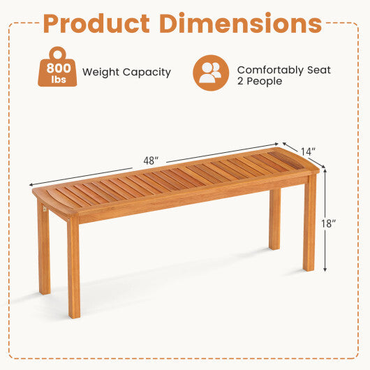 Acacia wood outdoor bench with slatted seat for garden