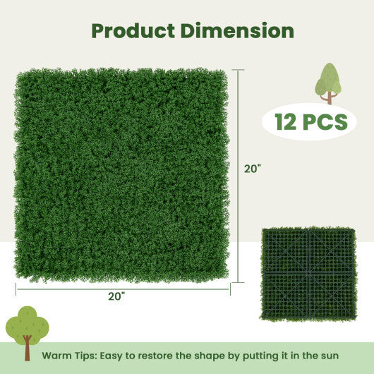 12 Pieces 20 x 20 inches Artificial Grass Wall Panels for Garden Yard Balcony-Light Green