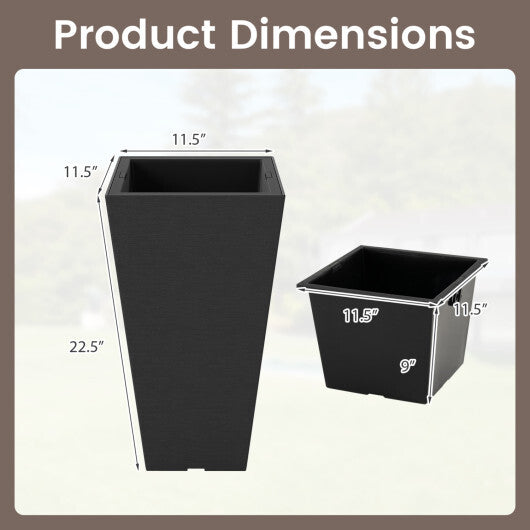 Set of 2 Square Taper Planter with Removable Inner Bucket and Optional Drainage Hole-M