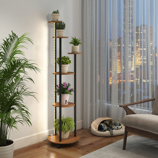6-tier Plant Stand with RGB Light and Wheels 57inch Tall Indoor Display Shelf Flowerpot Holder-Rustic Brown