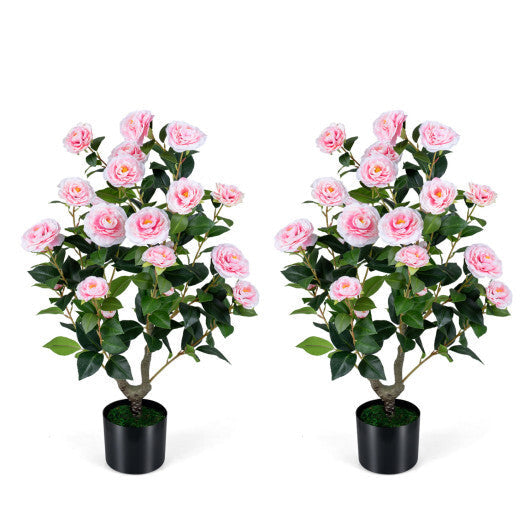 2-Pack Artificial Camellia Tree Faux Flower Plant in Cement-Filled Pot-White