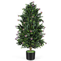 2 Pack Artificial Topiary Cone Tree Faux Potted Shrub Plant with 49 Flowers-purple