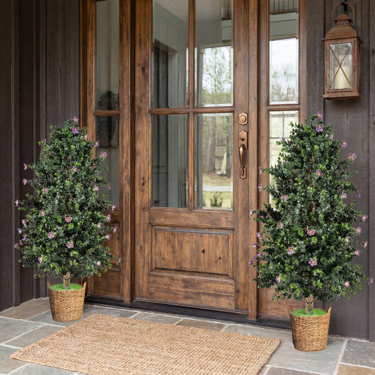 2 Pack Artificial Topiary Cone Tree Faux Potted Shrub Plant with 49 Flowers-purple