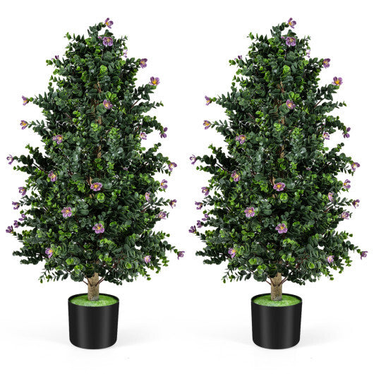 2 Pack Artificial Topiary Cone Tree Faux Potted Shrub Plant with 49 Flowers-purple
