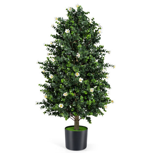2 Pack Artificial Topiary Cone Tree Faux Potted Shrub Plant with 49 Flowers-purple