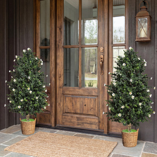 2 Pack Artificial Topiary Cone Tree Faux Potted Shrub Plant with 49 Flowers-purple