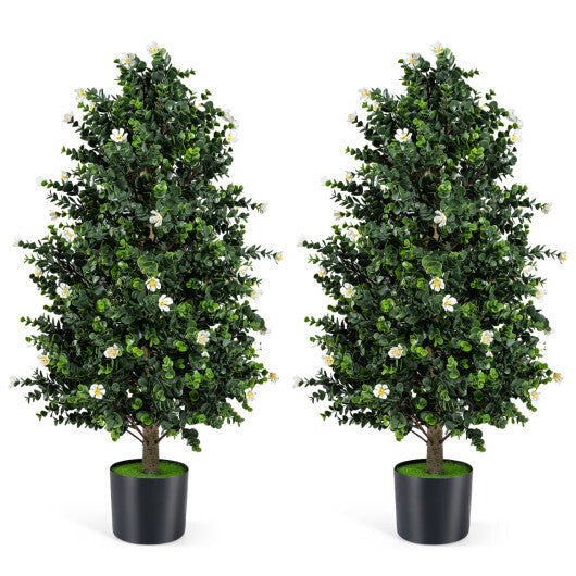 2 Pack Artificial Topiary Cone Tree Faux Potted Shrub Plant with 49 Flowers-purple