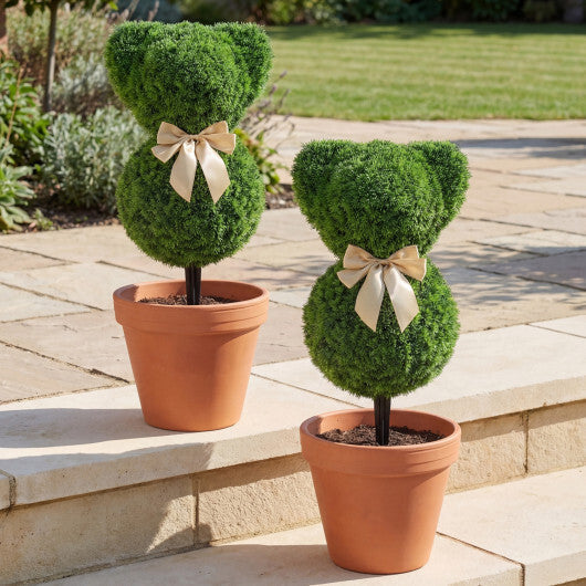 2 Pieces Teddy Bear Topiary Trees Sun-resistant Faux Boxwood Plants with Bowknot