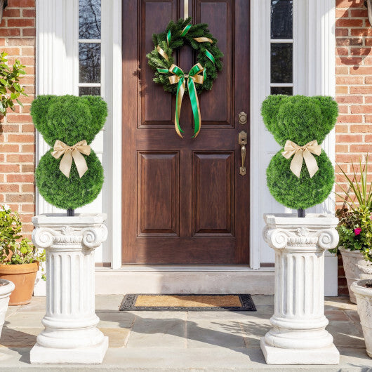 2 Pieces Teddy Bear Topiary Trees Sun-resistant Faux Boxwood Plants with Bowknot