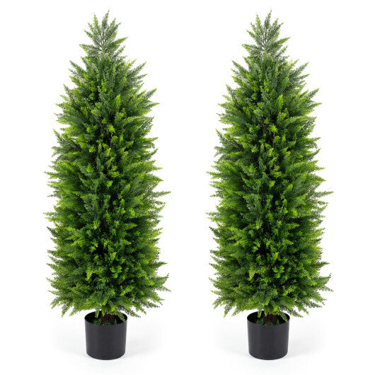 4 FT Artificial Topiary Tree Set of 2 Faux Cedar Cypress Plants in Cement-Filled Pots-Green