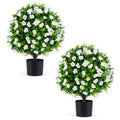 2 Pack Artificial Eucalyptus Topiary Trees with Flowers and Cement Planter for Home-White