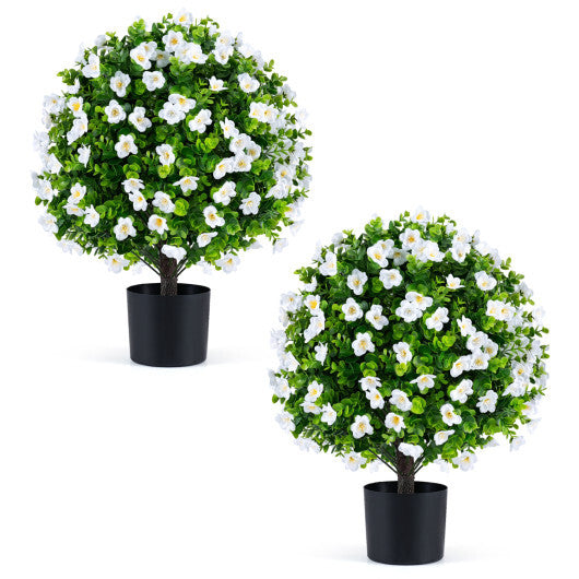 2 Pack Artificial Eucalyptus Topiary Trees with Flowers and Cement Planter for Home-White