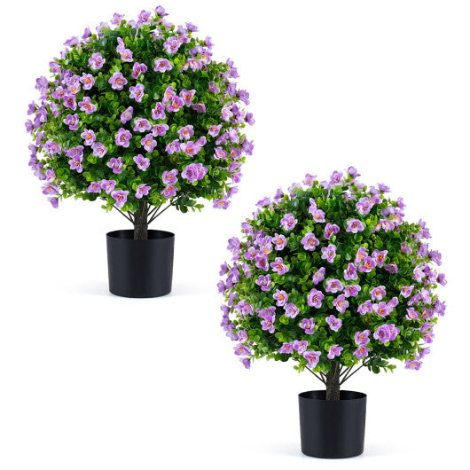 2 Pack Artificial Eucalyptus Topiary Trees with Flowers and Cement Planter for Home-White
