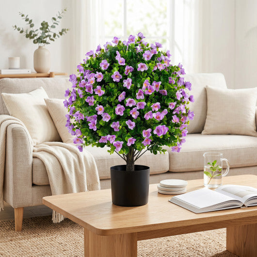 2 Pack Artificial Eucalyptus Topiary Trees with Flowers and Cement Planter for Home-White
