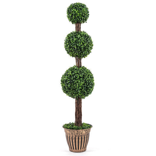 4 FT Artificial Triple Ball Boxwood Tree with Cement-filled Retro Planter-Green