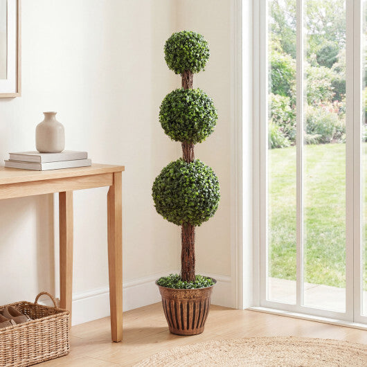 4 FT Artificial Triple Ball Boxwood Tree with Cement-filled Retro Planter-Green