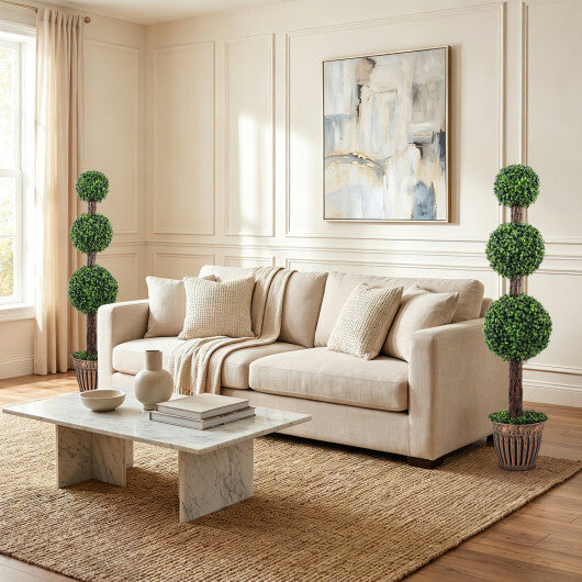 4 FT Artificial Triple Ball Boxwood Tree with Cement-filled Retro Planter-Green