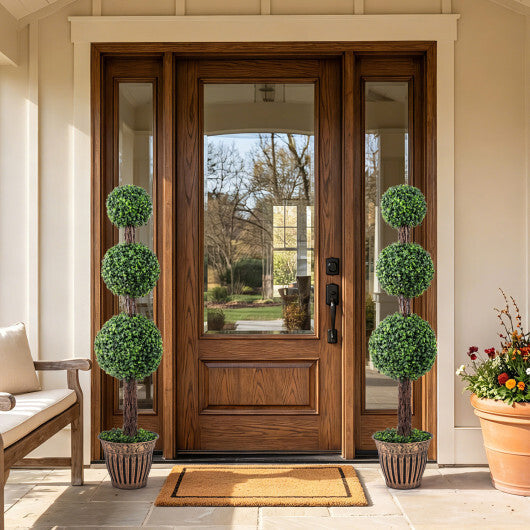 4 FT Artificial Triple Ball Boxwood Tree with Cement-filled Retro Planter-Green