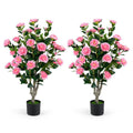 Set of 2 39.5" Artificial Camellia Tree with Orange Blossoms in Cement Pot for Decoration-Pink
