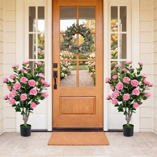 Set of 2 39.5" Artificial Camellia Tree with Orange Blossoms in Cement Pot for Decoration-Pink