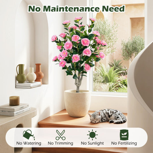 Set of 2 39.5" Artificial Camellia Tree with Orange Blossoms in Cement Pot for Decoration-Pink