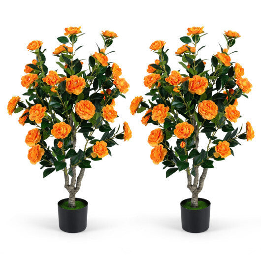 Set of 2 39.5" Artificial Camellia Tree with Orange Blossoms in Cement Pot for Decoration-Pink