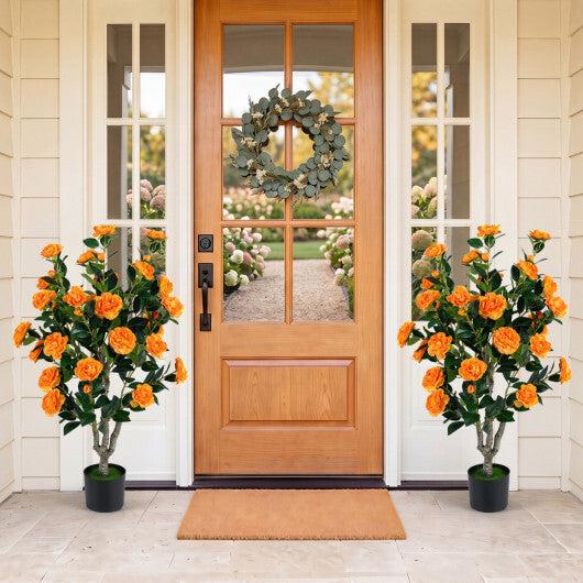 Set of 2 39.5" Artificial Camellia Tree with Orange Blossoms in Cement Pot for Decoration-Pink