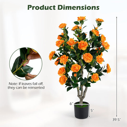 Set of 2 39.5" Artificial Camellia Tree with Orange Blossoms in Cement Pot for Decoration-Pink