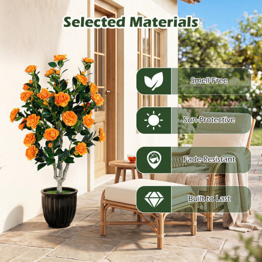 Set of 2 39.5" Artificial Camellia Tree with Orange Blossoms in Cement Pot for Decoration-Pink