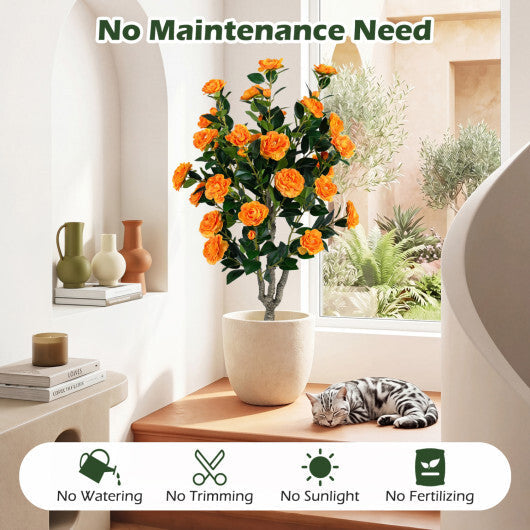 Set of 2 39.5" Artificial Camellia Tree with Orange Blossoms in Cement Pot for Decoration-Pink