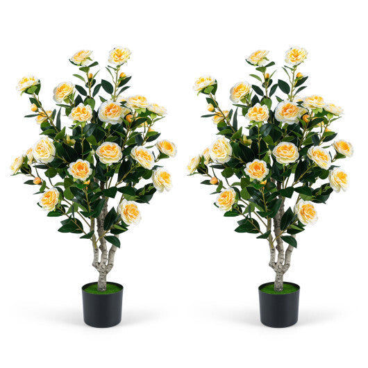 Set of 2 39.5" Artificial Camellia Tree with Orange Blossoms in Cement Pot for Decoration-Pink