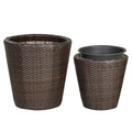 Set of 2 Plastic Taper Rattan Planters with Drainage Holes and Saucers-Brown