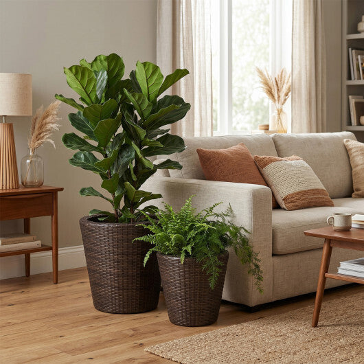 Set of 2 Plastic Taper Rattan Planters with Drainage Holes and Saucers-Brown