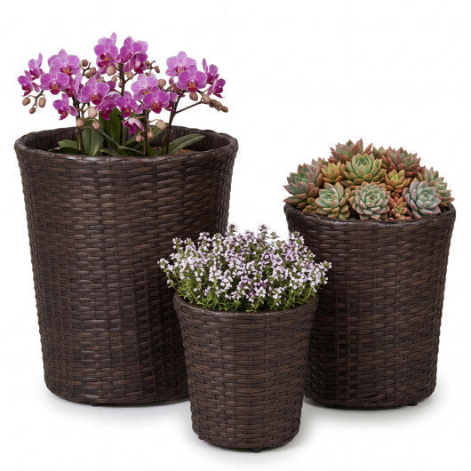 Set of 3 Plastic Planters with Drainage Holes and Saucers for Porch and Garden-Brown