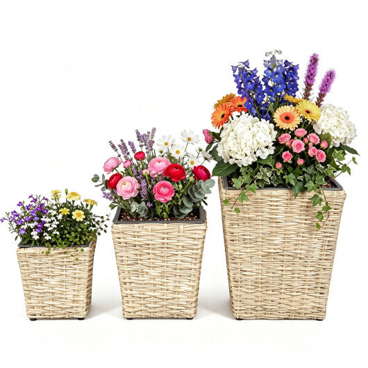 3-Piece Rattan Planter Box Kit with Removable Plastic Liners - Natural