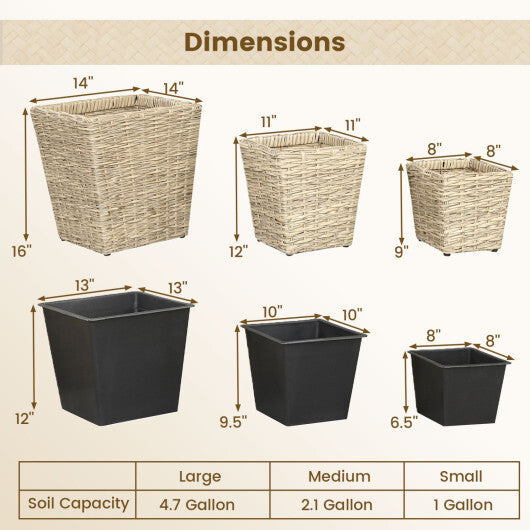 3-Piece Rattan Planter Box Kit with Removable Plastic Liners - Natural