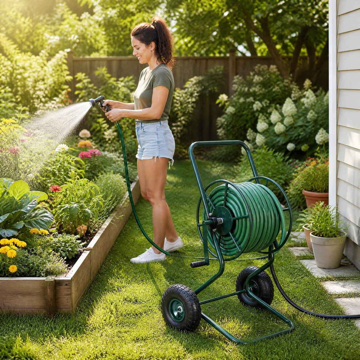 Garden Hose Reel Cart with Pneumatic Tires - 300 FT Capacity