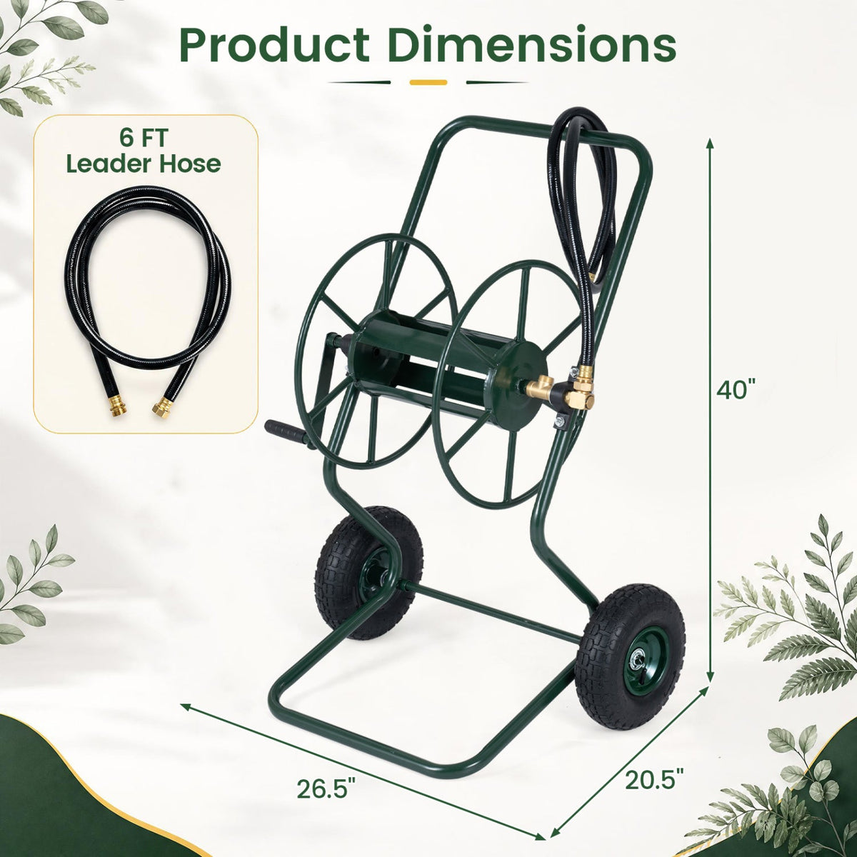 Garden Hose Reel Cart with Pneumatic Tires - 300 FT Capacity
