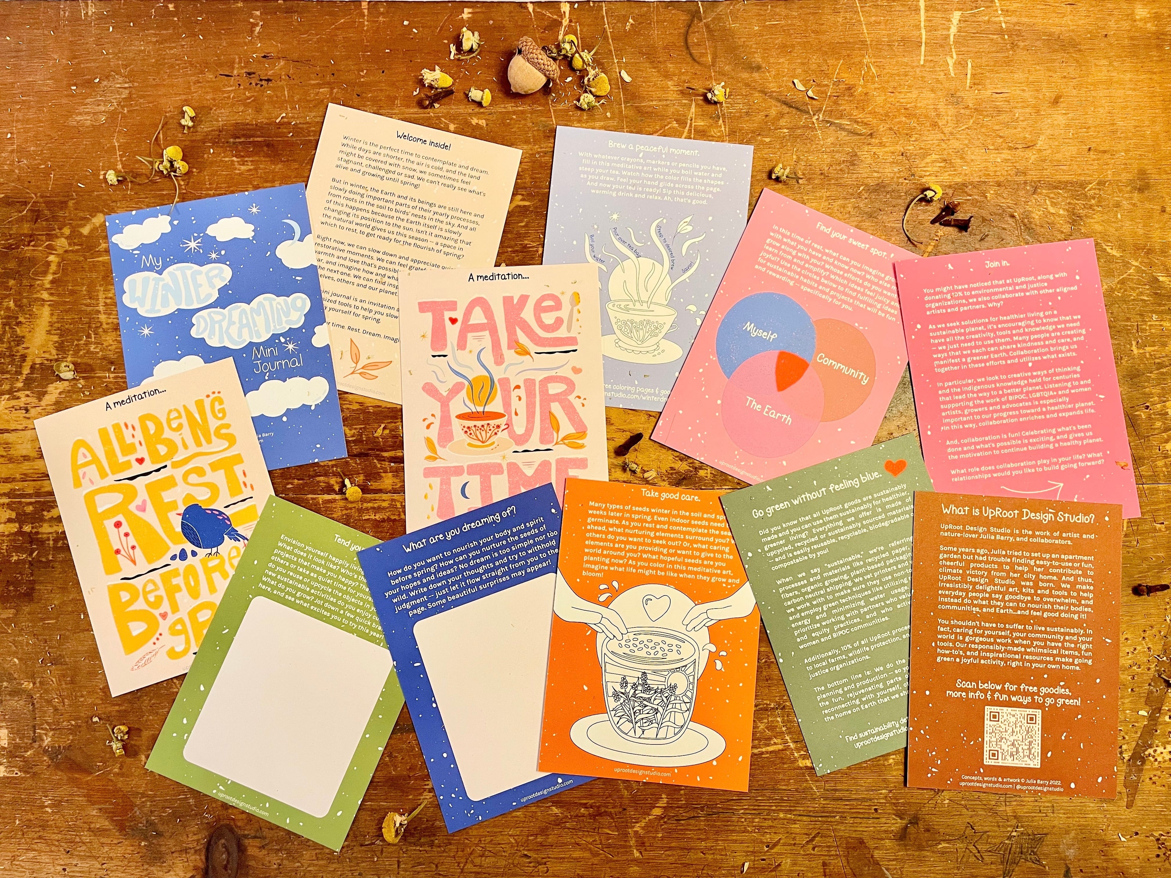 "Festive Garden" Gift Box: Chai, Stickers, Evergreen Candle, Cards, Meditations, Journal, Herbal Tea + White Polka-Dot Growing Kits (Winter Dreaming)