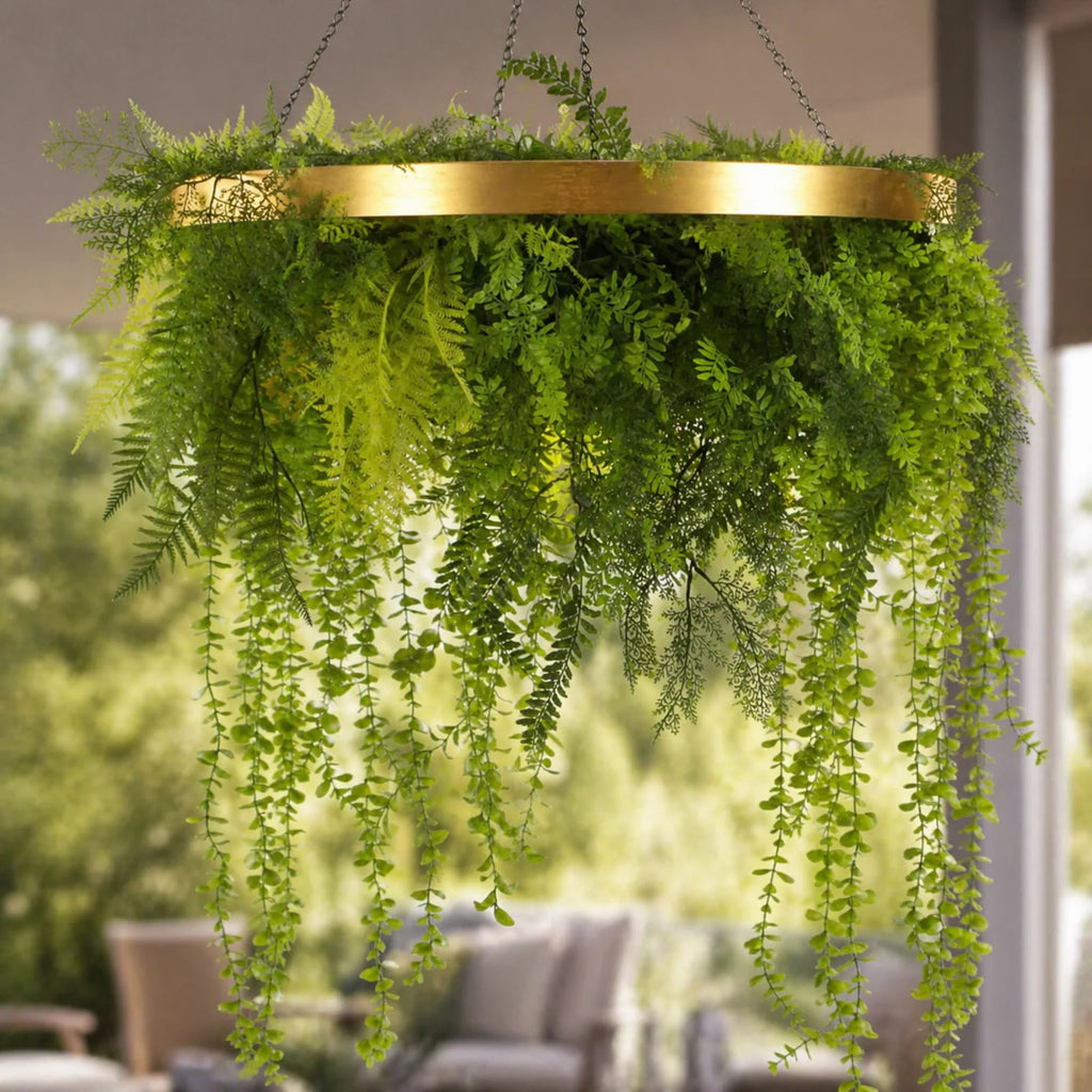 Imitation Gold Artificial Hanging Green Wall Disc Draping Plant Arrangement 32in – Limited Edition – UV Resistant