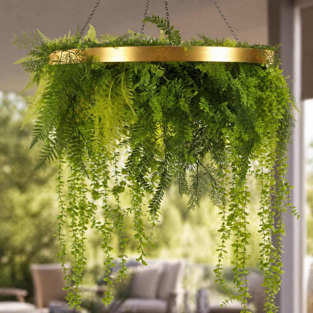 Imitation Gold Artificial Hanging Green Wall Disc Draping Plant Arrangement 32in – Limited Edition – UV Resistant