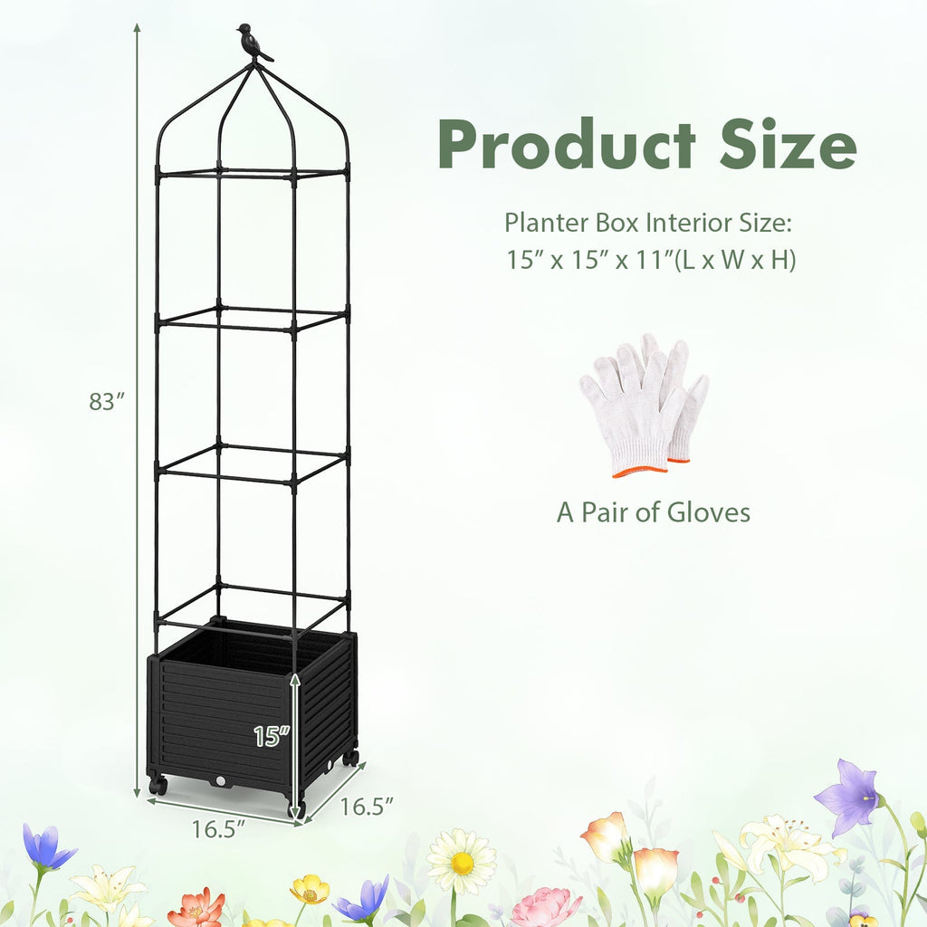 Indoor Outdoor Raised Garden Bed with Trellis and Self-Drainage and Wheels-Black