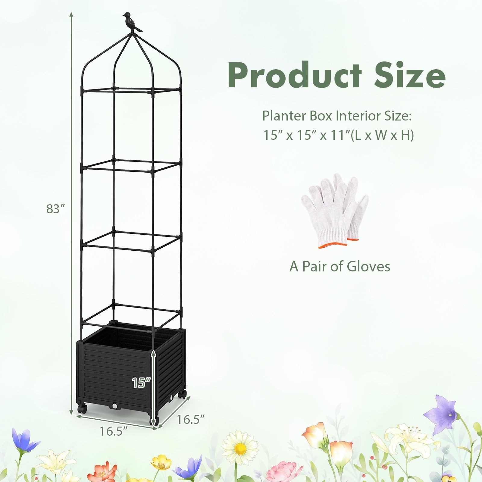 Indoor Outdoor Raised Garden Bed with Trellis and Self-Drainage and Wheels-Black