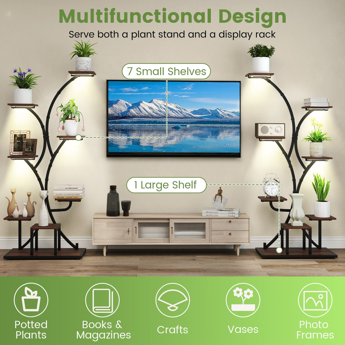 Indoor Plant Stand with Grow Lights 58" Tall 8-Tier Corner Metal Plant Shelf