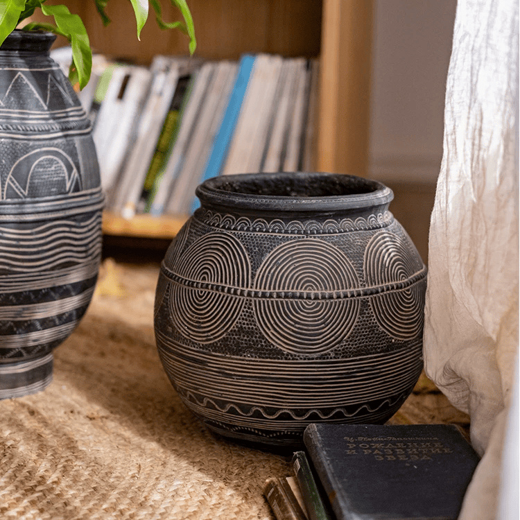 Tribal Carved Cement Planter