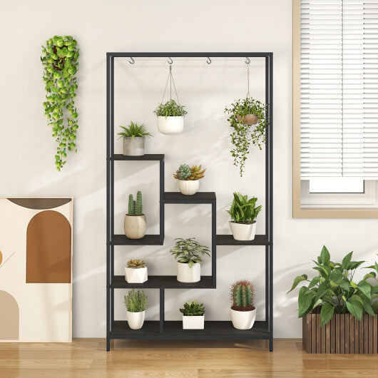 6-Tier Tall Plant Stand 71 Inch Metal Indoor Plant Shelf with 10 Hanging Hooks-Rustic Brown