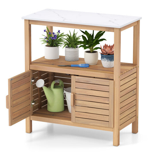 Outdoor Potting Bench Acacia Wood Garden Potting Table Planting Work Bench Station with Louvered Doors