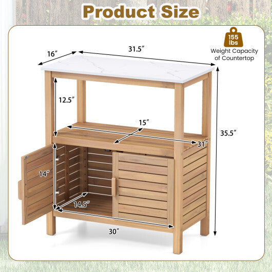 Outdoor Potting Bench Acacia Wood Garden Potting Table Planting Work Bench Station with Louvered Doors