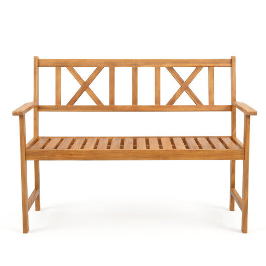 2-Person Patio Acacia Wood Garden Chair with Armrests and X-Shaped Backrest for Garden
