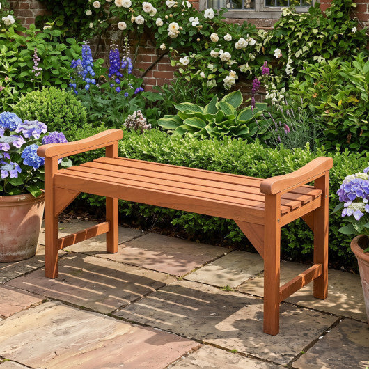 Solid Wood Backless Garden Bench with Support Handles and Curved Slatted Seat for Deck